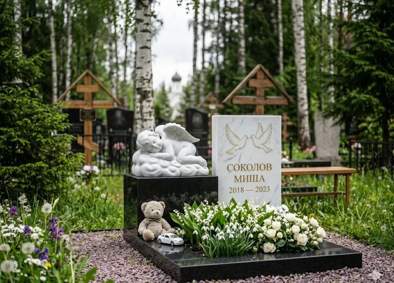 Белый ангелочек на детском памятнике в Омске