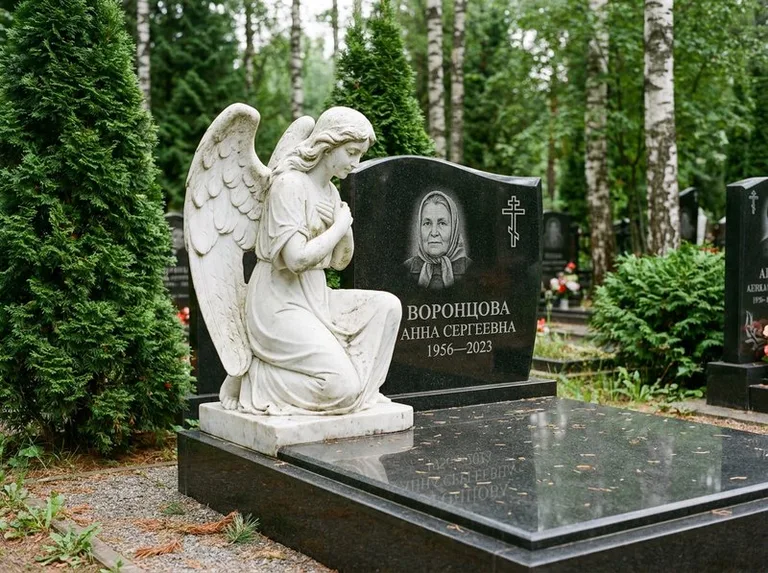 Белый мраморный ангел на гранитном памятнике в Омске