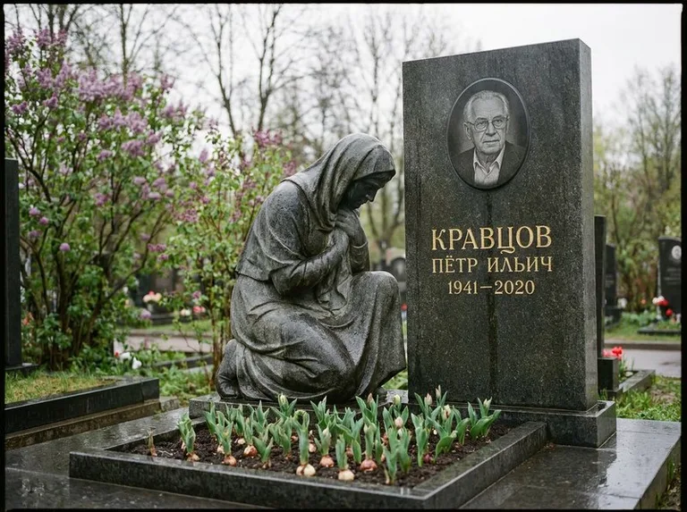 Гранитная скорбящая фигура у стелы на кладбище в Омске