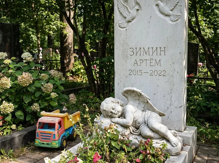 Спящий ангелочек на детском памятнике в Омске