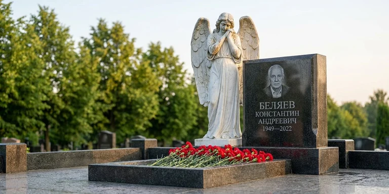 Скульптура на памятник в Омске — мраморный ангел на гранитном мемориале