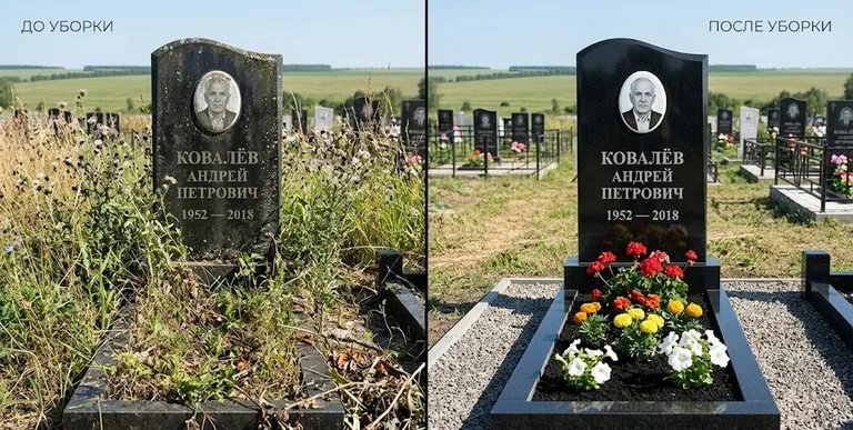 Уборка могилы до и после — ухоженный участок в Омске
