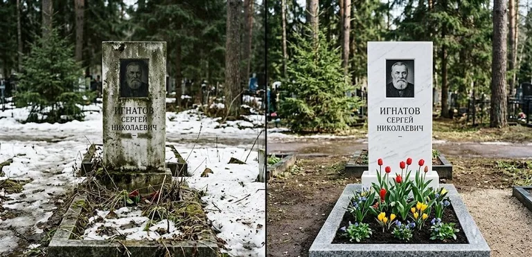 Диптих №6: высадка хризантем у подножия серого гранита — до и после уборки в Омске