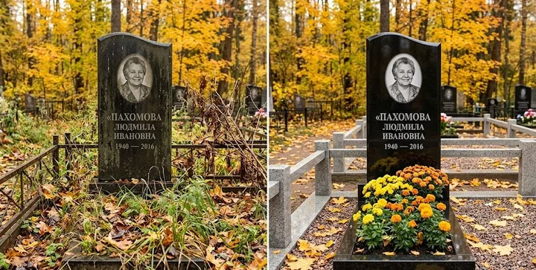 Уборка могилы до и после осенью — клёны в Омске
