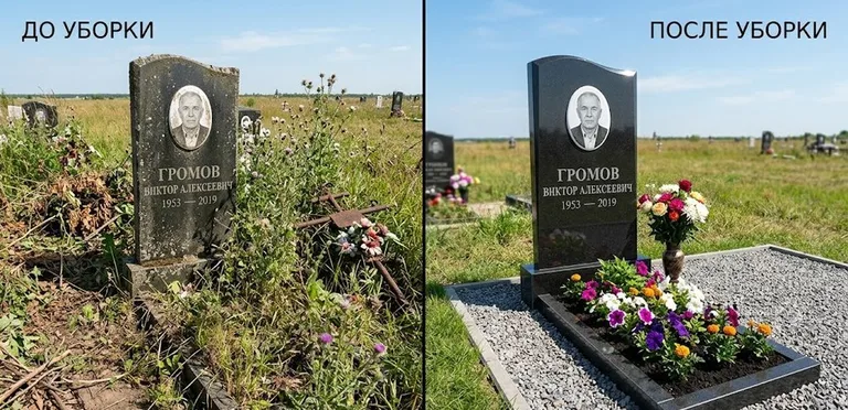 Уборка участка с обелиском до и после в Омске