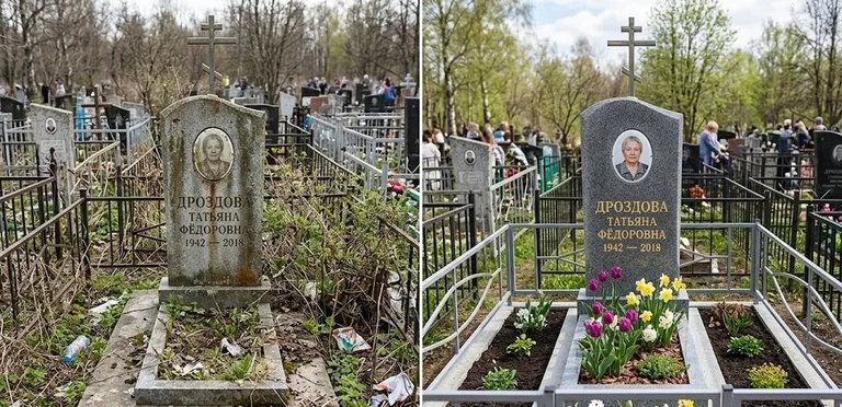 Диптих №4: свежепокрашенная серебром оградка и отмытый красный гранит — до и после в Омске