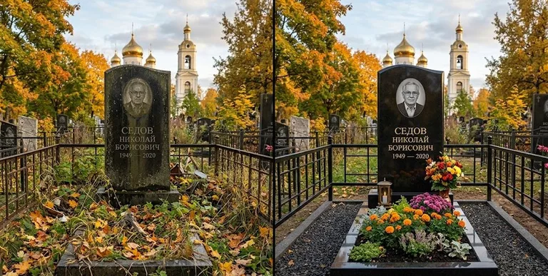 Уборка могилы до и после осенью — у церкви в Омске