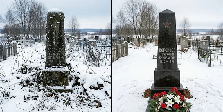 Уборка могилы до и после зимой — воинский обелиск в Омске