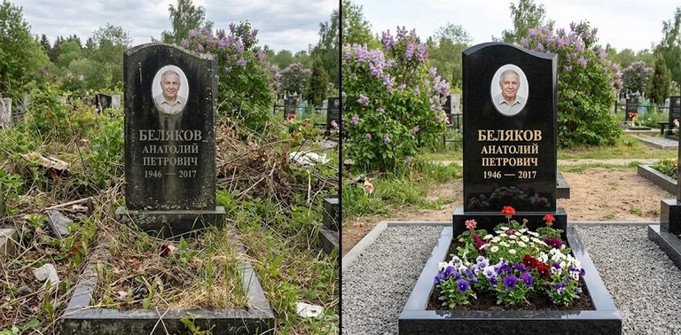 Уборка могилы до и после весной — цветущая сирень в Омске