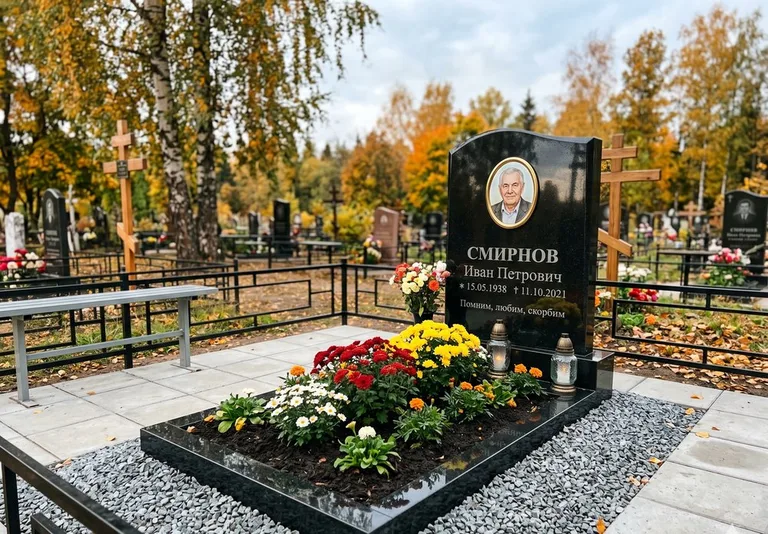 Ухоженная могила после уборки и мойки памятника в Омске