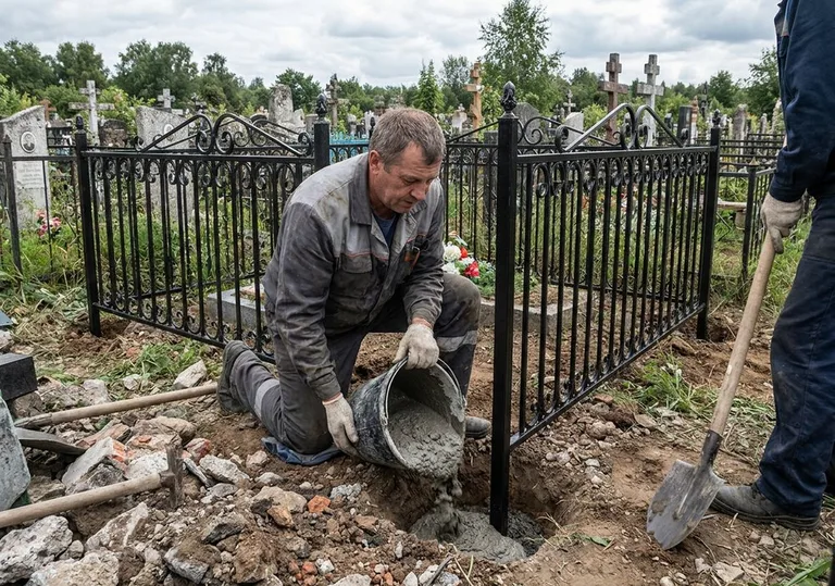 Установка ограды бетонированием ножек в грунт в Омске