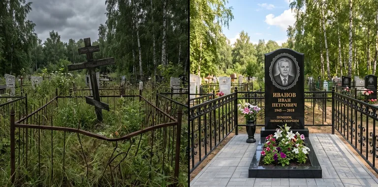 Благоустройство могилы до и после установки памятника в Омске