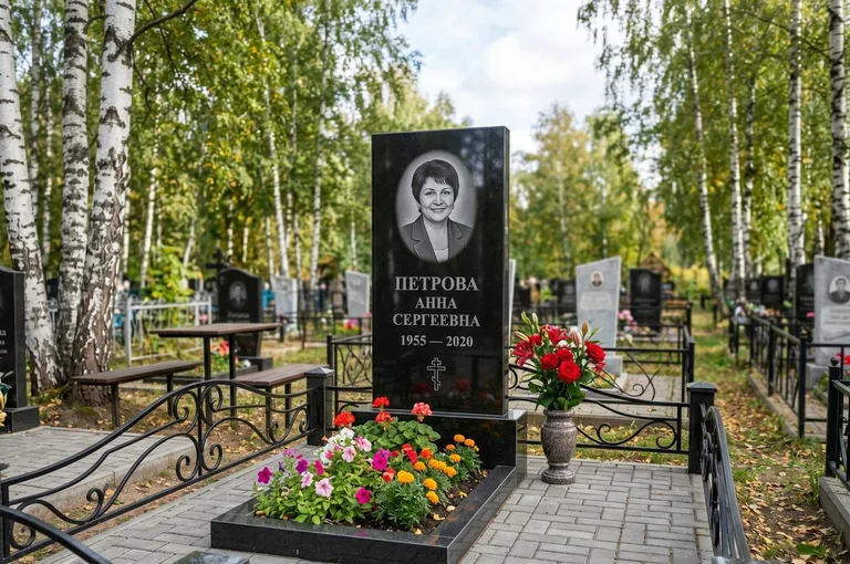 Гранитный памятник с цветником и плиткой в Омске