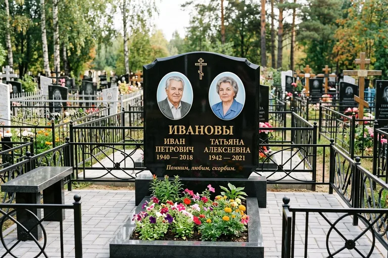 Двойной памятник с оградой и благоустройством в Омске