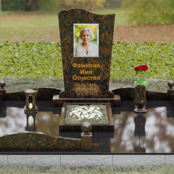 Гранитный мемориал с волнообразным верхом и цоколем, гранит Дымовский, вид 2