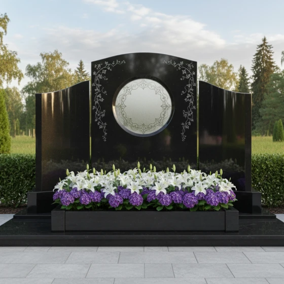 Гранитный памятник-свиток с круглой нишей, гранит Габбро-диабаз