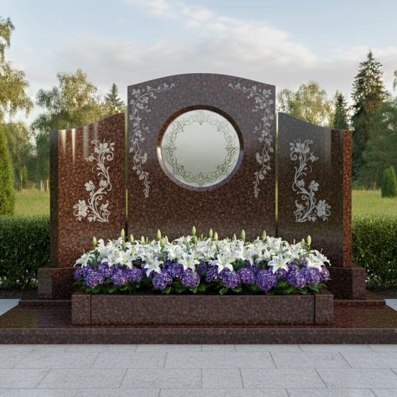 Гранитный памятник-свиток с круглой нишей, гранит Лезниковский