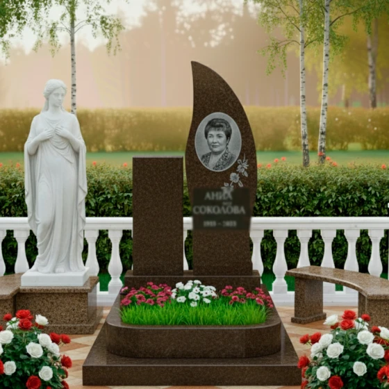 Элитный памятник с лилией и асимметричной волной, гранит Дымовский