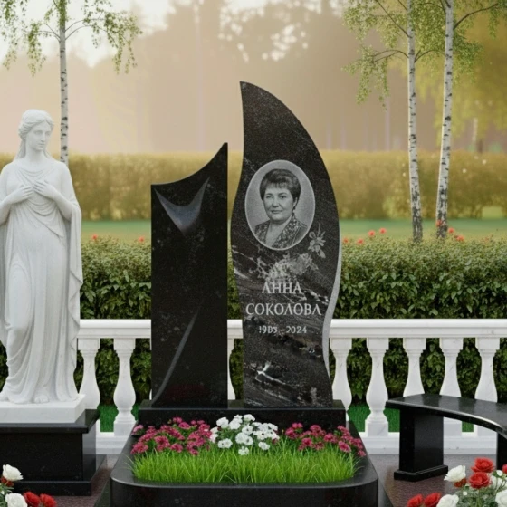 Элитный памятник с лилией и асимметричной волной, гранит амфиболит