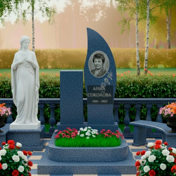 Элитный памятник с лилией и асимметричной волной, гранит Блю Перл