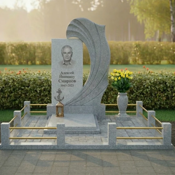 Вертикальный гранитный памятник с асимметричной стелой и драпировкой, гранит Мансуровский