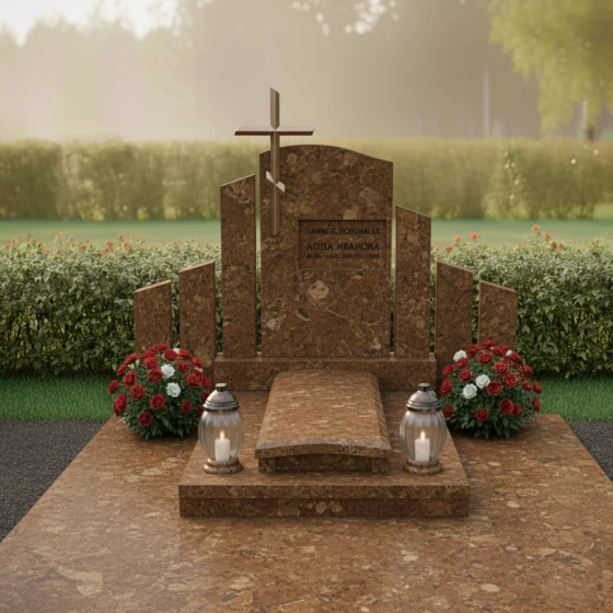 Мемориальный гранитный комплекс с деревянным крестом, гранит Дымовский