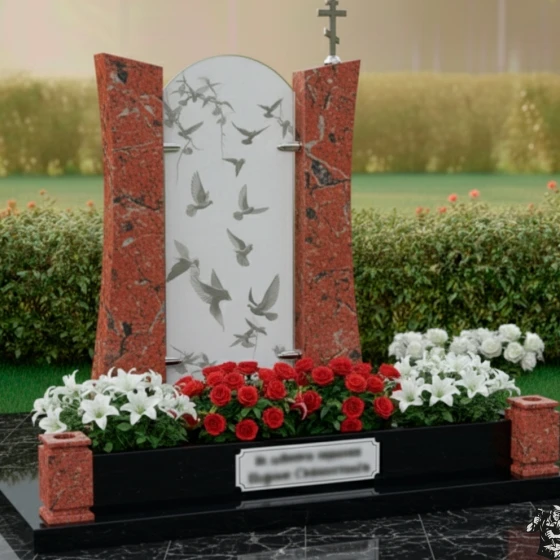 Мемориальный комплекс с аркой и голубями, гранит Лезниковский