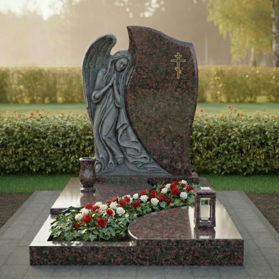 Гранитный памятник со скорбящим ангелом, гранит амфиболит