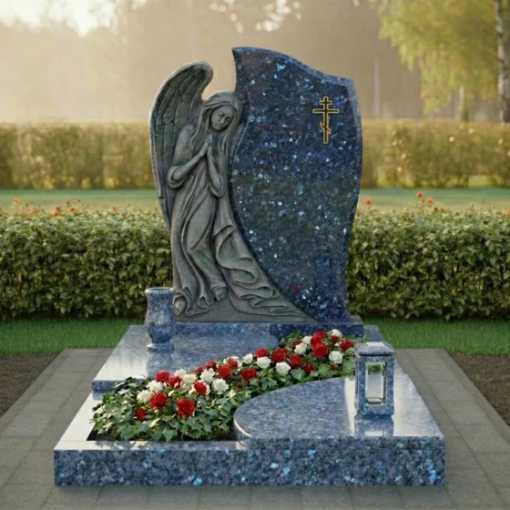 Гранитный памятник со скорбящим ангелом, гранит Блю Перл