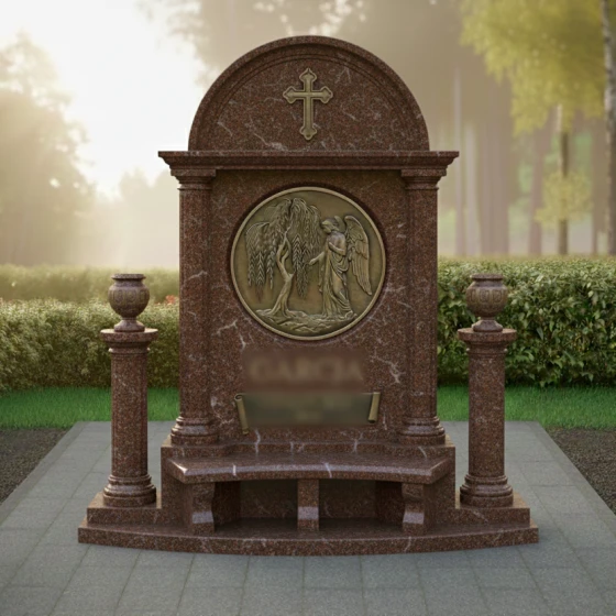 Гранитный памятник-арка с бронзовым панно и скамьей, гранит Дымовский