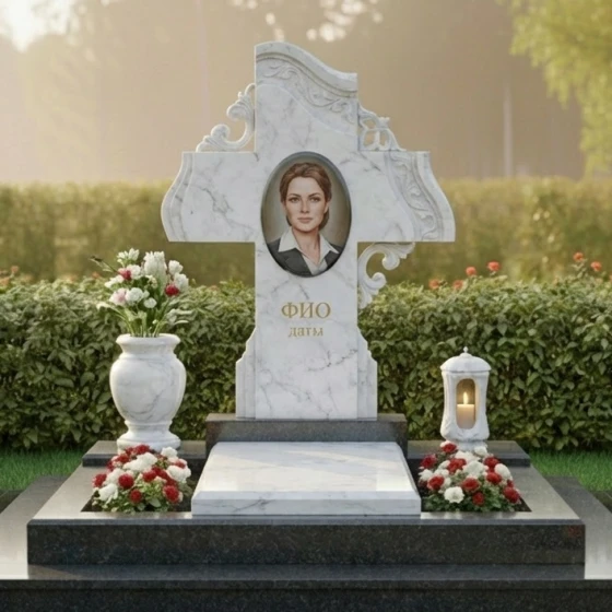 Вертикальный памятник с крестом и розами, мрамор Тассос