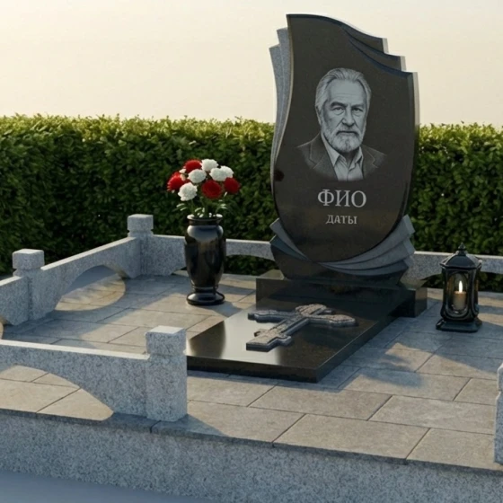 Мемориальный комплекс с драпировкой и православным крестом, гранит Габбро-диабаз