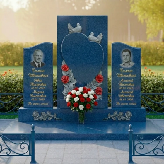 Гранитная мемориальная композиция с сердцем и голубями, гранит Блю Перл