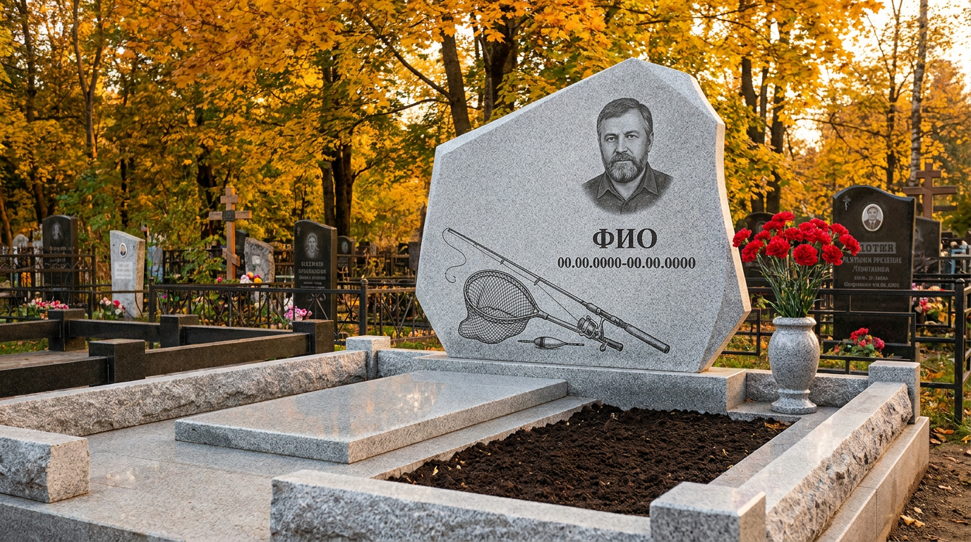 Пример дизайна: Гранитный памятник рыбаку в виде глыбы с поплавком