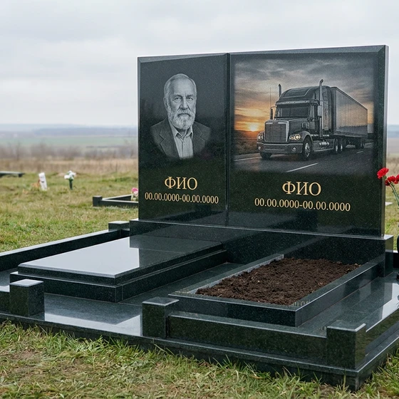 Гранитный памятник дальнобойщику с фурой