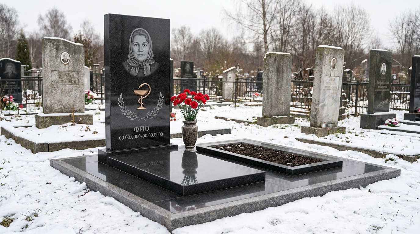 Пример дизайна: Гранитный памятник врачу в виде глыбы с белым крестом