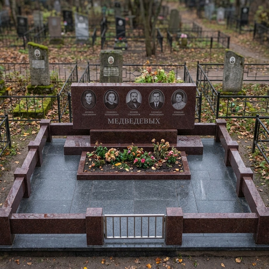Пример дизайна: Семейный мемориал на пять человек из красного гранита — фото и цена