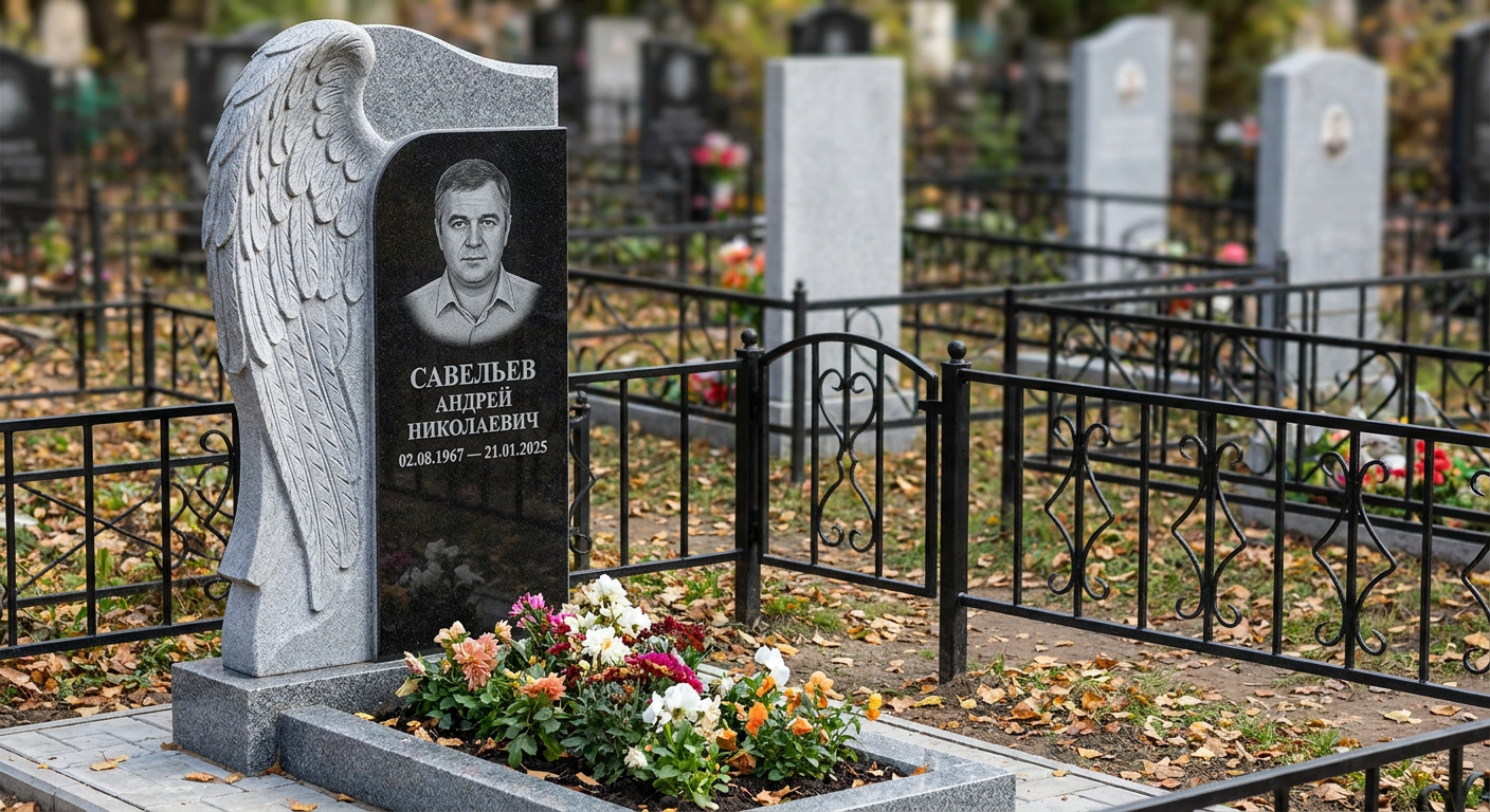 Пример дизайна: Мемориал с крылом ангела из серого гранита Мансуровского