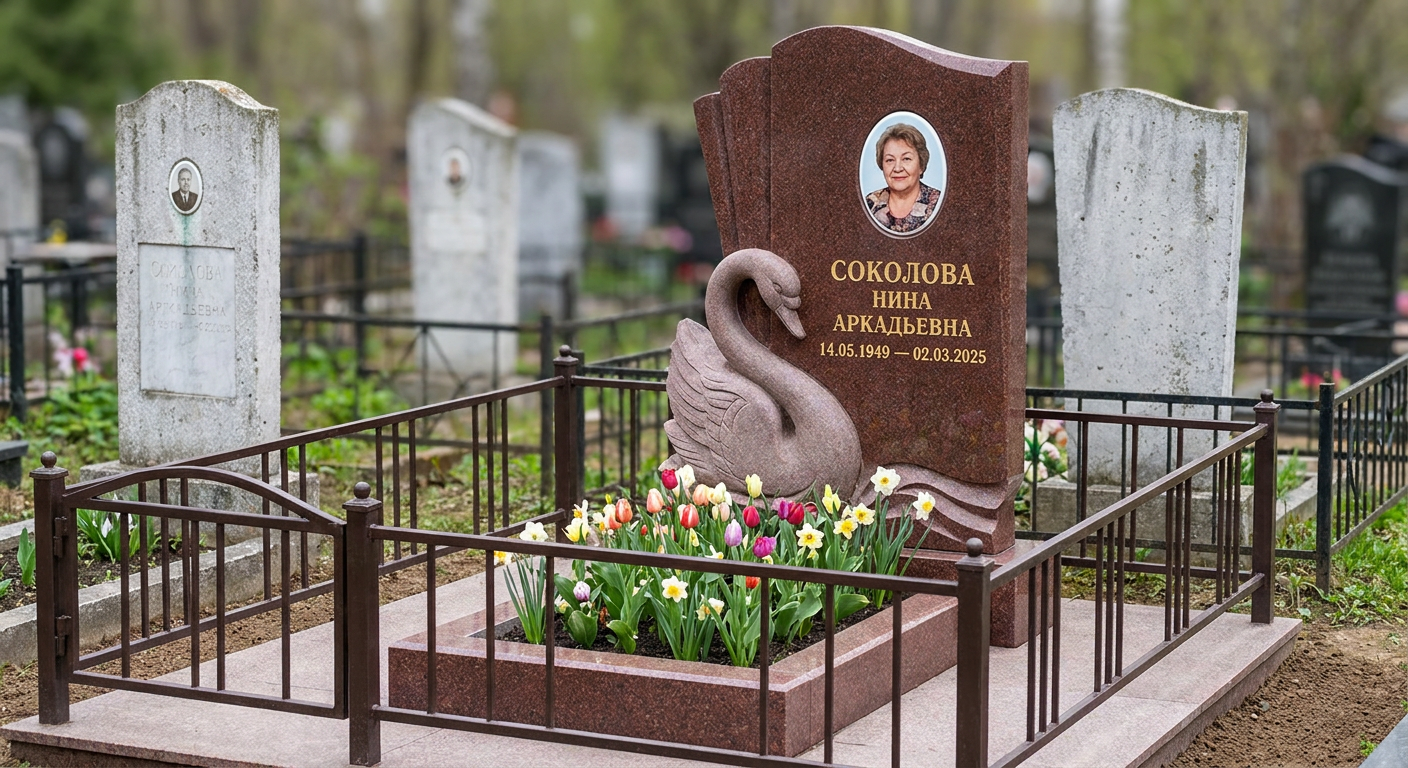 Пример дизайна: Мемориал с лебедем из красного гранита Лезниковского