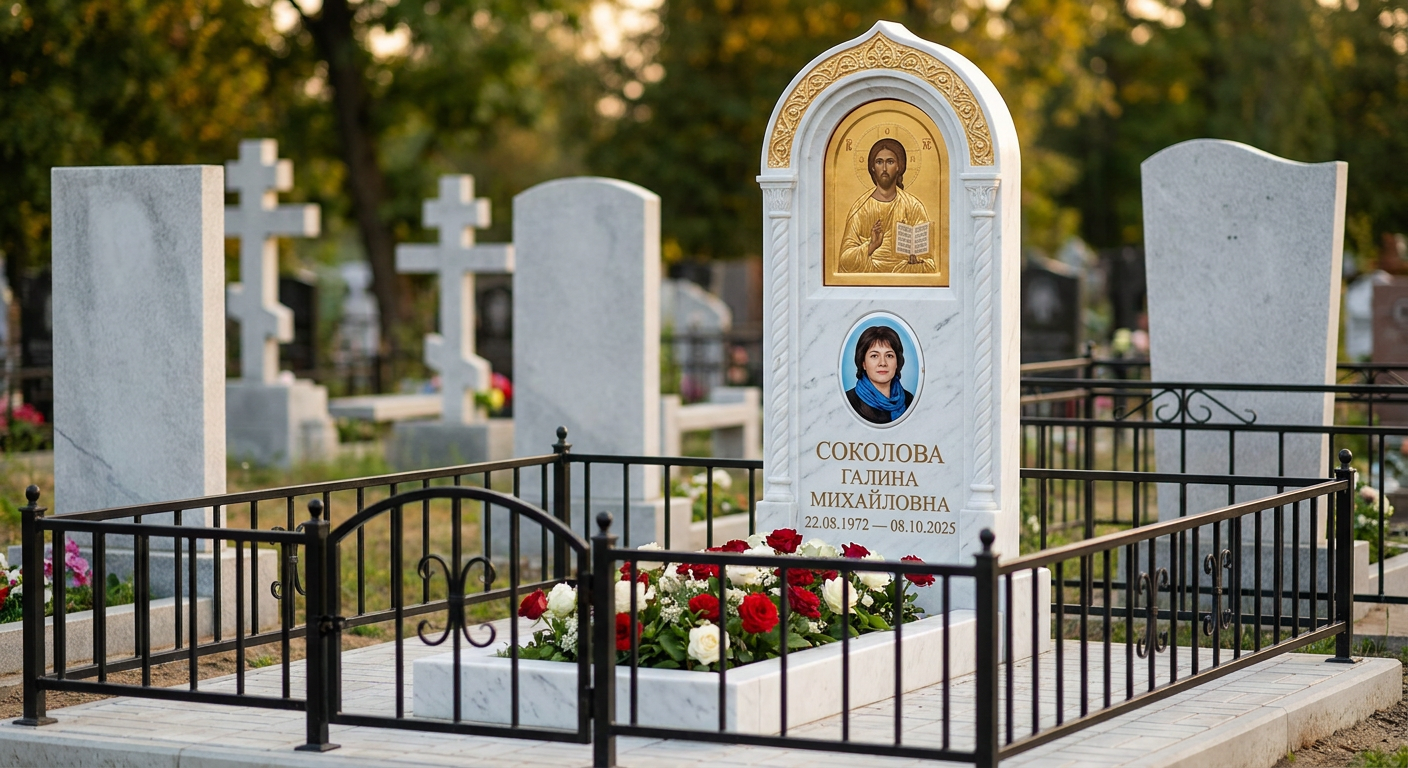 Пример дизайна: Гранитный памятник на двоих с голубями и оградой — фото и цена