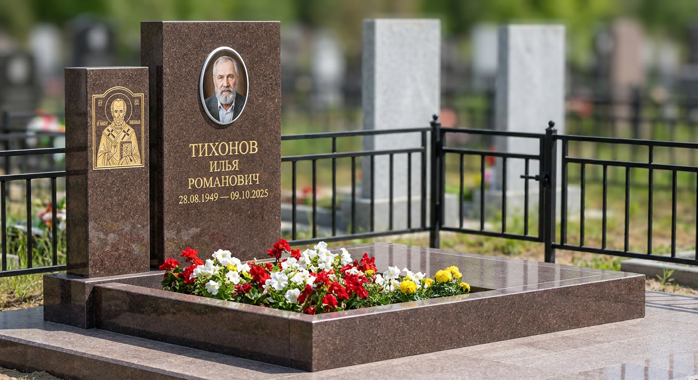 Пример дизайна: Гранитный памятник строгой формы с оградой — фото и цена