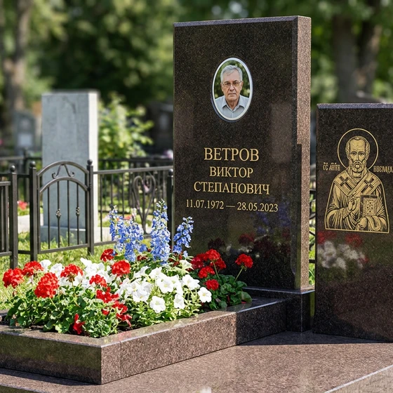 Памятник с иконой Николая Чудотворца из дымовского гранита с овальной фотокерамикой