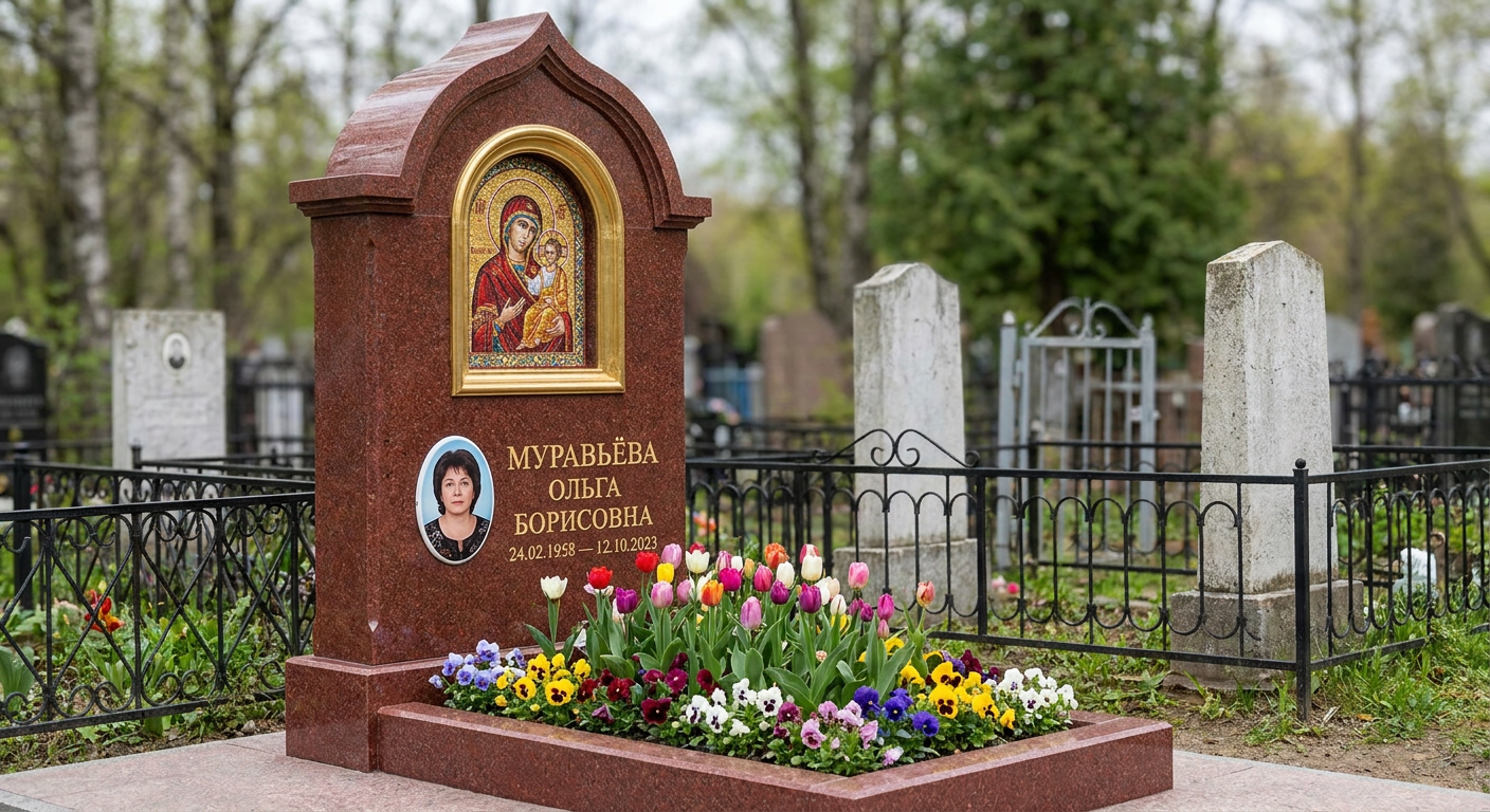 Пример дизайна: Памятник-часовня с мозаичной иконой из красного лезниковского гранита