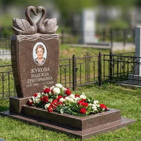 памятник с лебедем из коричневого гранита Дымовский с портретом