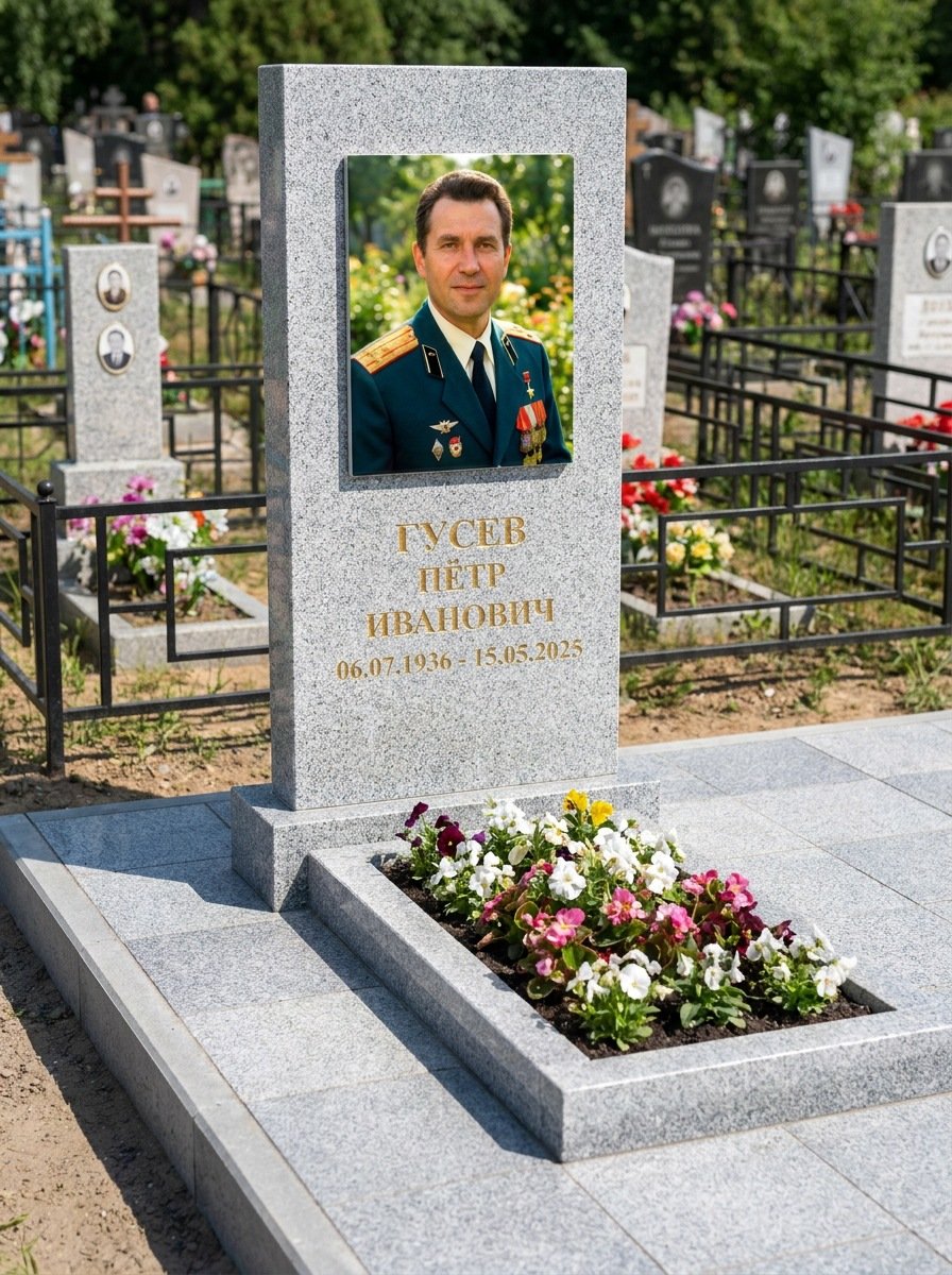 Портрет на памятнике в Омске — Прямоугольник на гранитной стеле, ФИО и даты на портрете